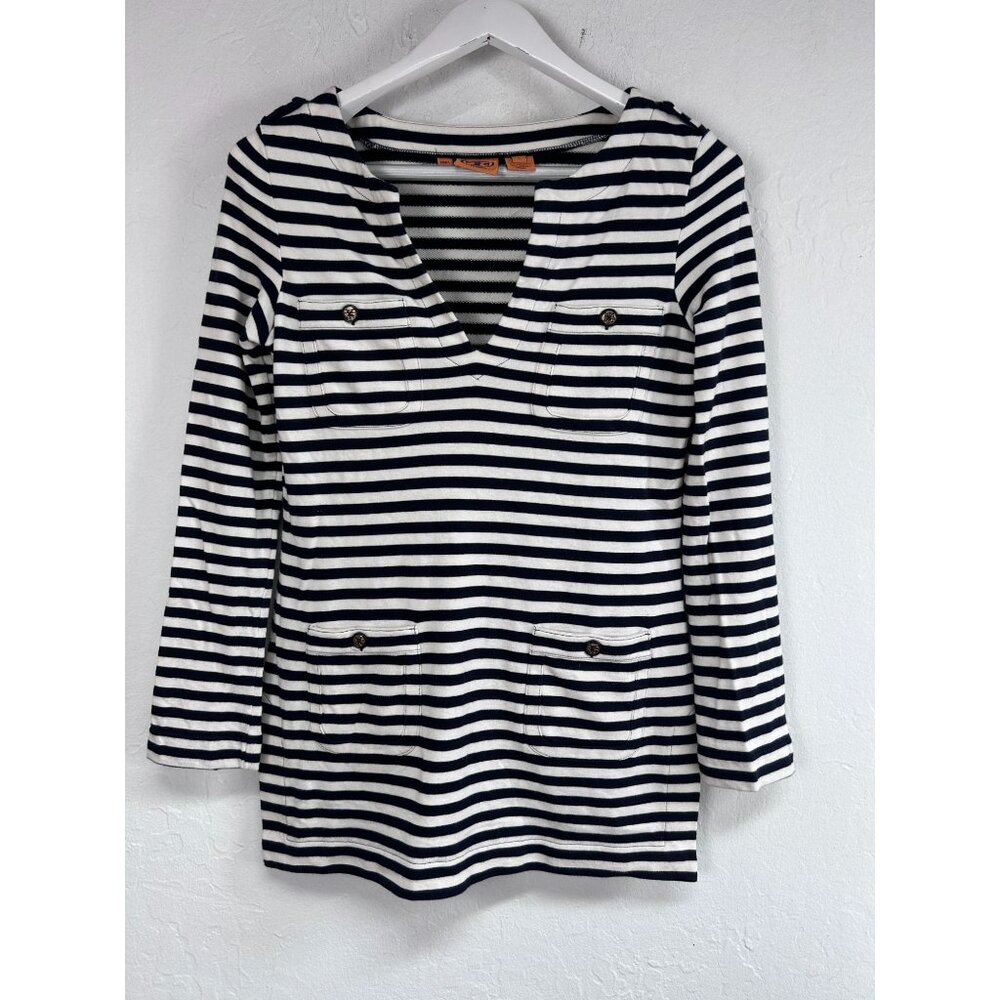 Tory Burch Womens Navy White Striped V-Neck Tunic Top Small Long Sleeve Pockets